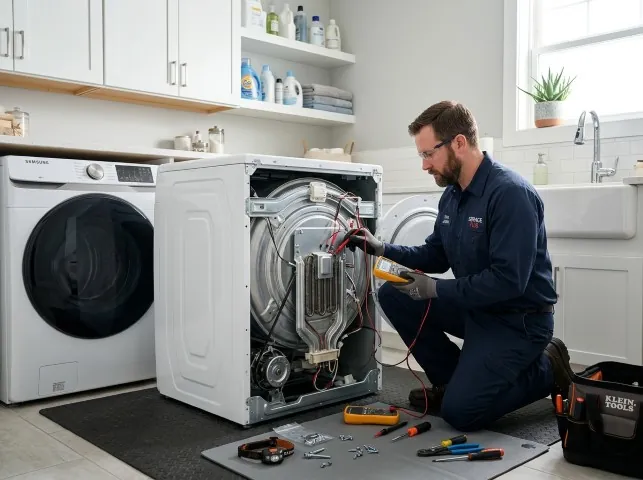 Appliance Repair Hero technician checking a dryer heating element with the rear panel off in Beachwood, NJ