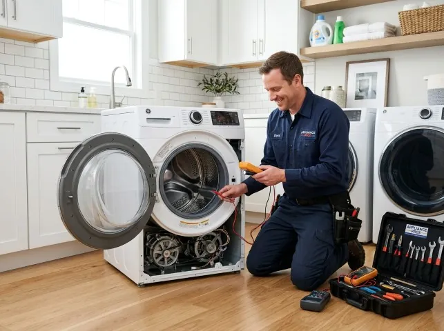 Appliance Repair Hero technician testing a front-load washer with a multimeter on a Beachwood, NJ service call